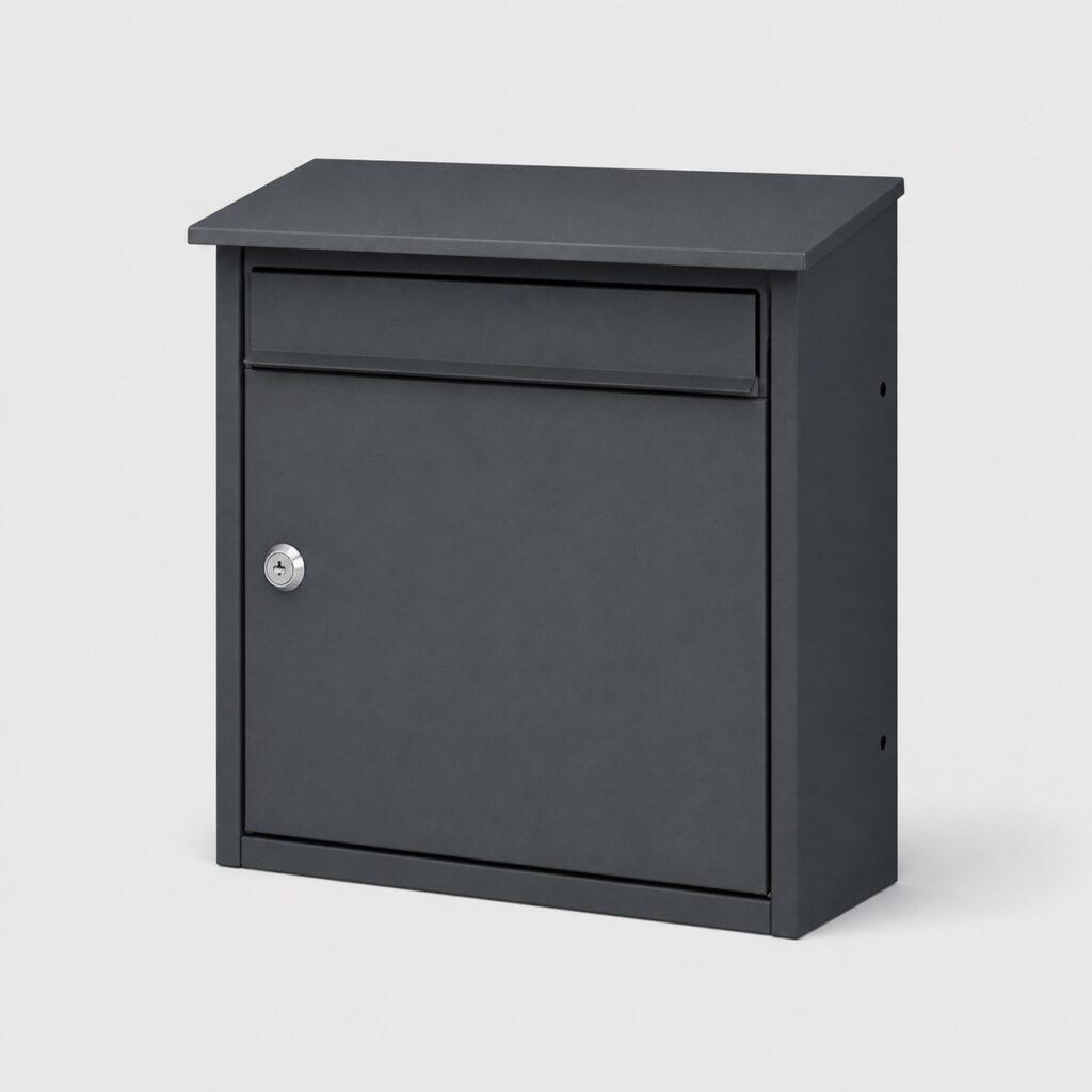 Boîte aux lettres compacte en acier gris foncé, vue de trois quarts sur fond clair