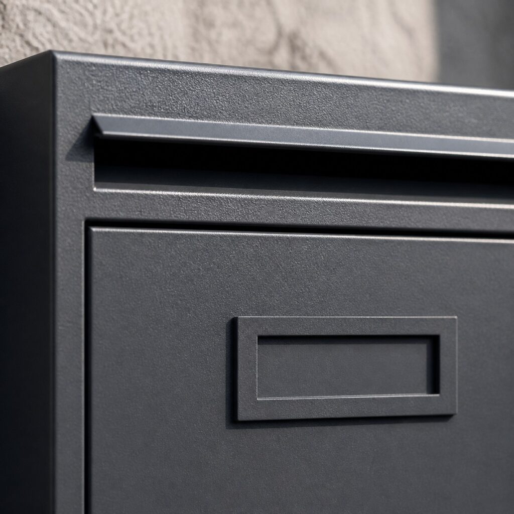 Gros plan sur la fente à courrier et le porte-étiquette d'une boîte en acier