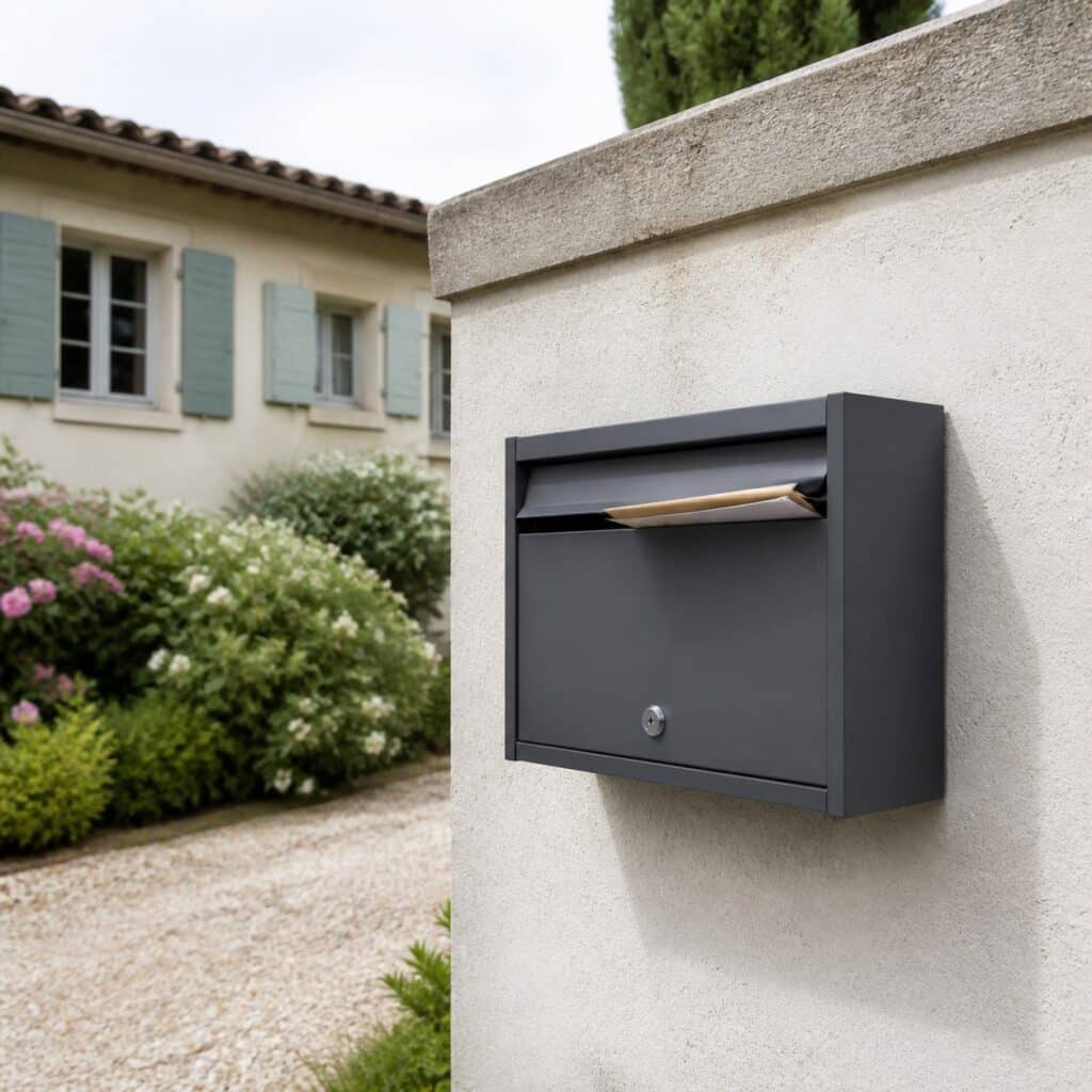 Boîte aux lettres en acier sur muret avec des enveloppes glissées dans la fente