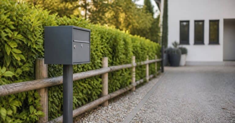 Boîte aux lettres métallique sur pied installée en bordure d'allée devant une clôture basse et une haie