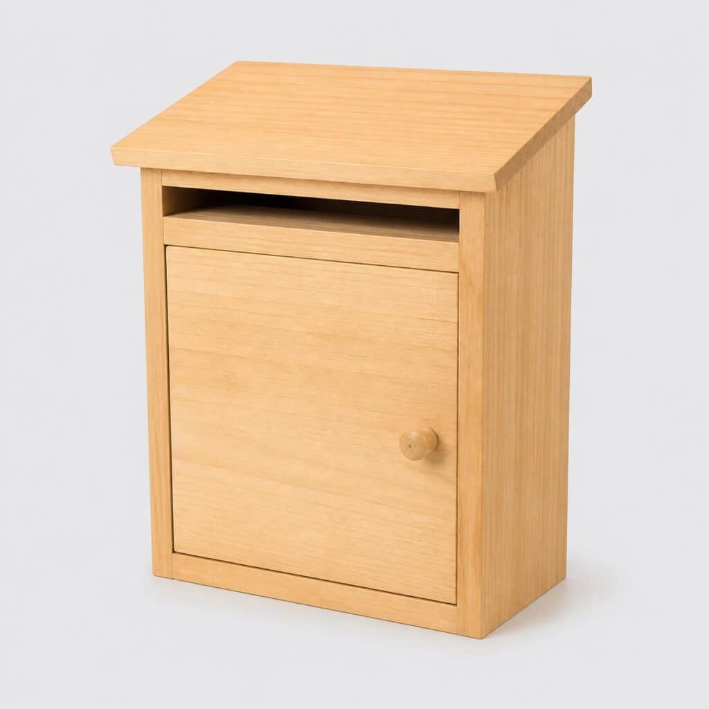 Boîte aux lettres en bois clair à toit incliné, vue de trois quarts sur fond clair