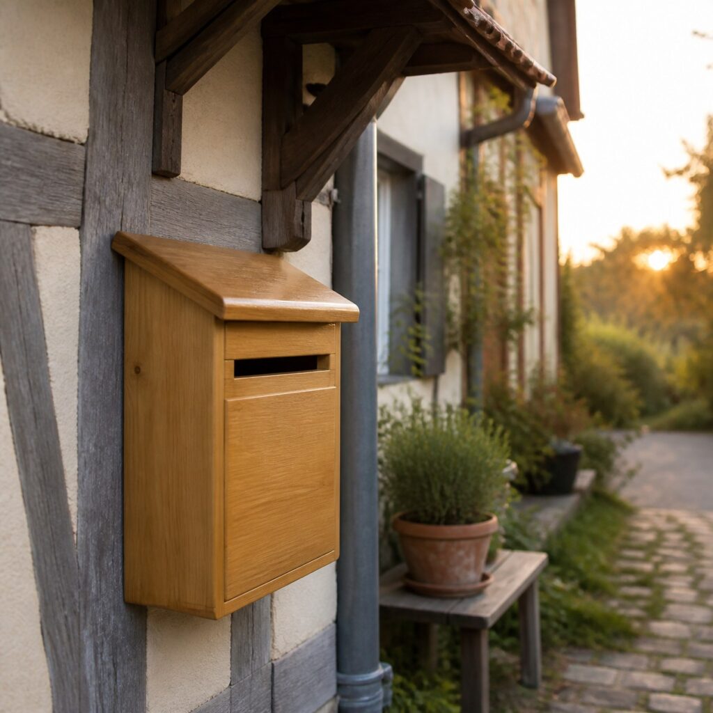Boîte aux lettres en bois posée sous un auvent contre un mur à colombages