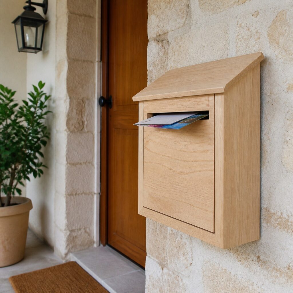 Boîte aux lettres en bois vue de trois quarts avec du courrier dépassant de la fente