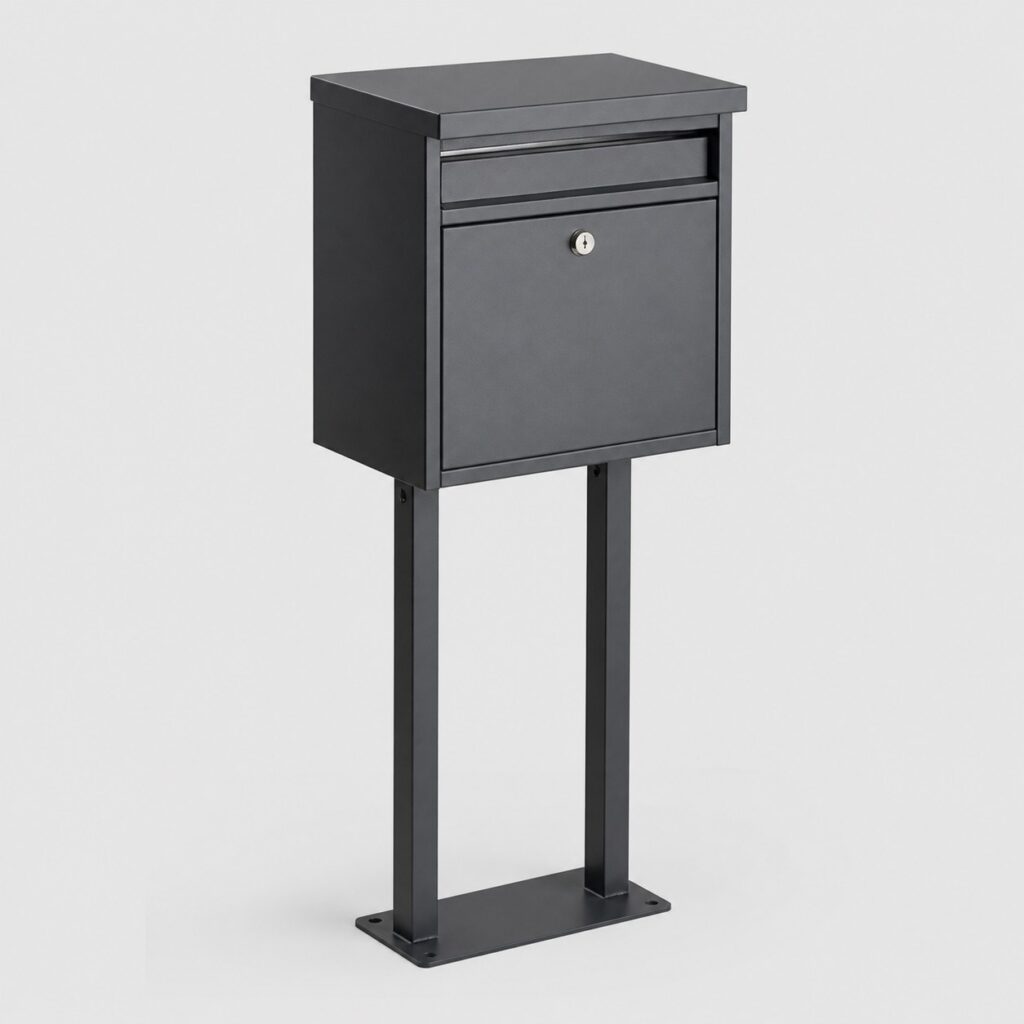 Boîte aux lettres grise sur support à platine, vue de trois quarts sur fond clair