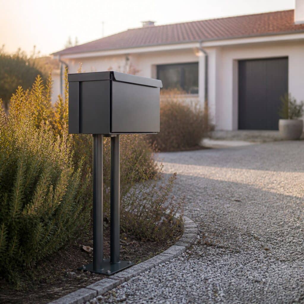 Boîte aux lettres sur support posée au bord d'une allée devant une maison