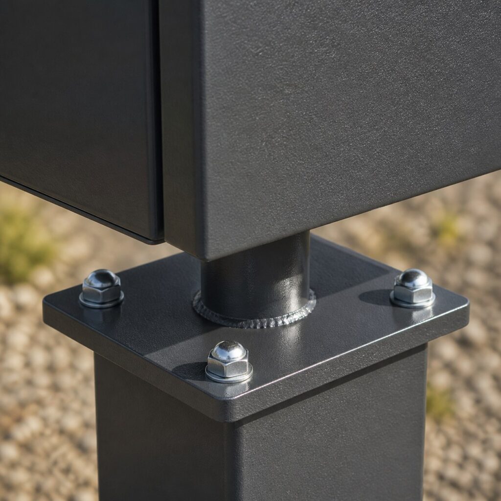 Gros plan sur la platine de fixation vissée au pied du support métallique