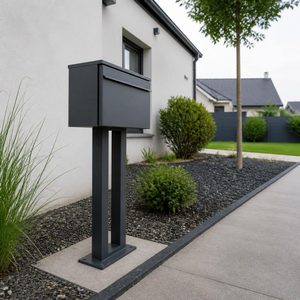 Boîte aux lettres sur support vue de biais, platine vissée sur une dalle béton