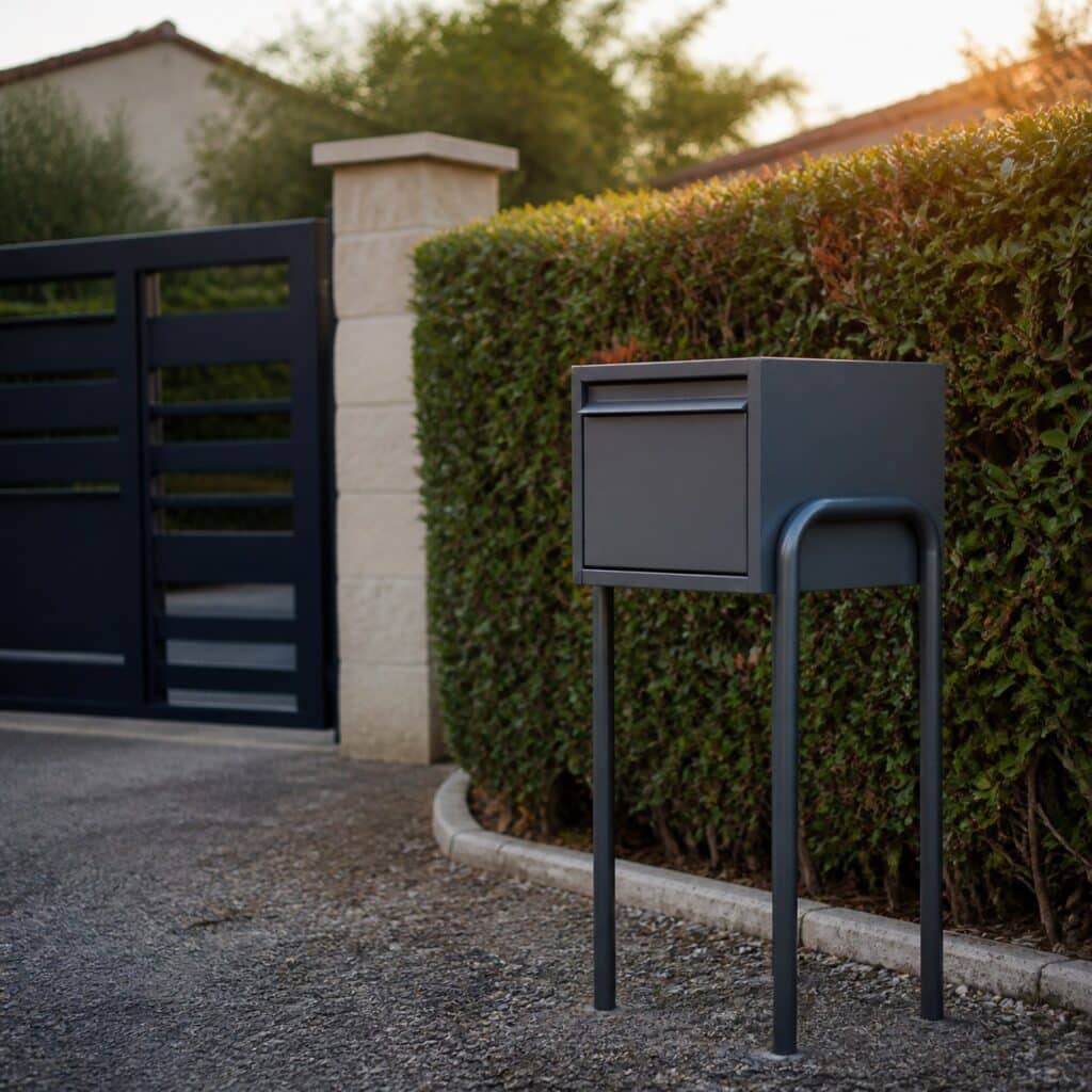 Boîte aux lettres sur pied installée en limite de terrain devant une haie et un portail