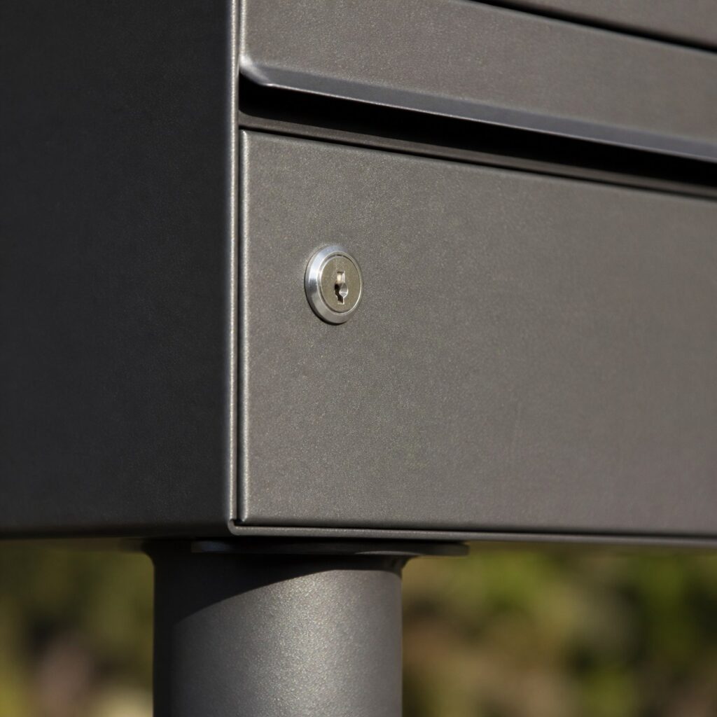 Gros plan sur la serrure et la fente à courrier d'une boîte aux lettres sur pied