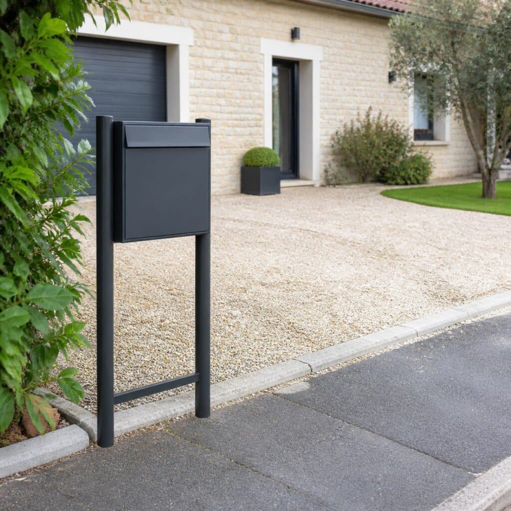 Boîte aux lettres sur pied vue du trottoir devant l'allée d'une maison