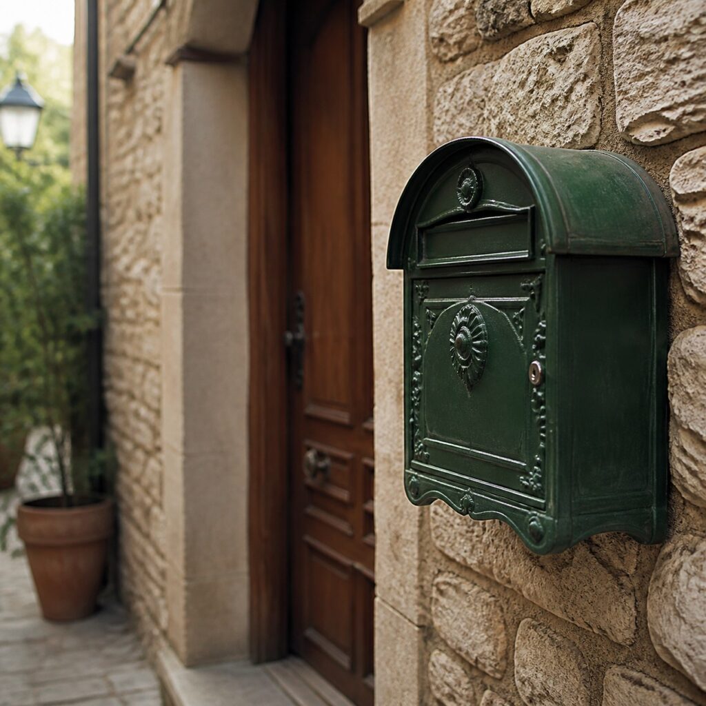 Boîte aux lettres vintage accrochée sur un mur de pierre d'une maison de village