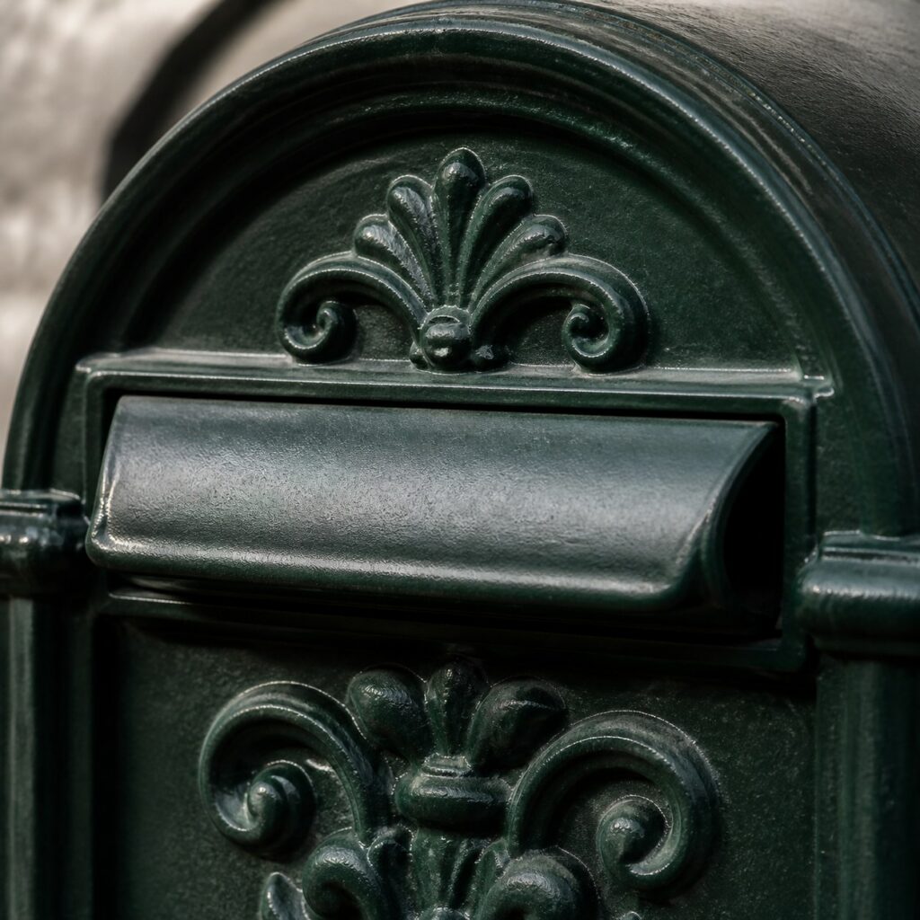 Gros plan sur les motifs moulés en relief et le clapet d'une boîte en fonte