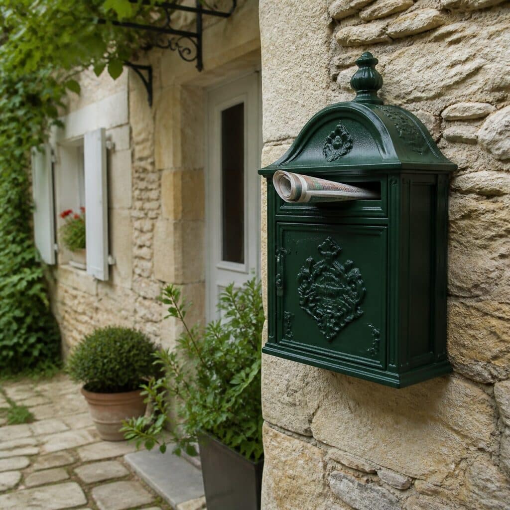Boîte aux lettres vintage sur façade ancienne avec un journal roulé dans le clapet