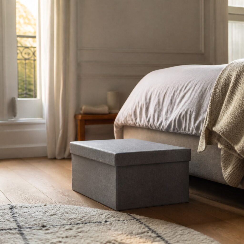 Boîte de rangement avec couvercle posée au pied d'un lit