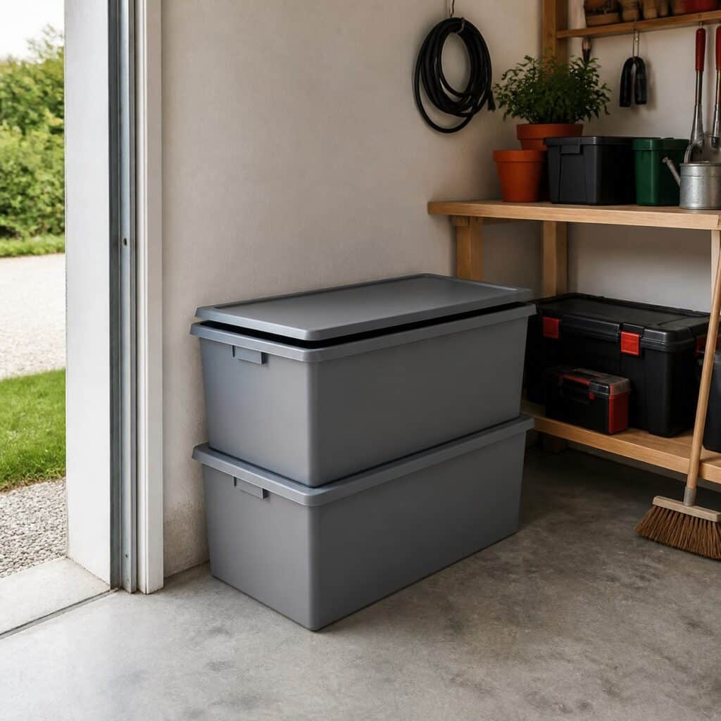 Deux boîtes de rangement avec couvercle empilées dans un garage