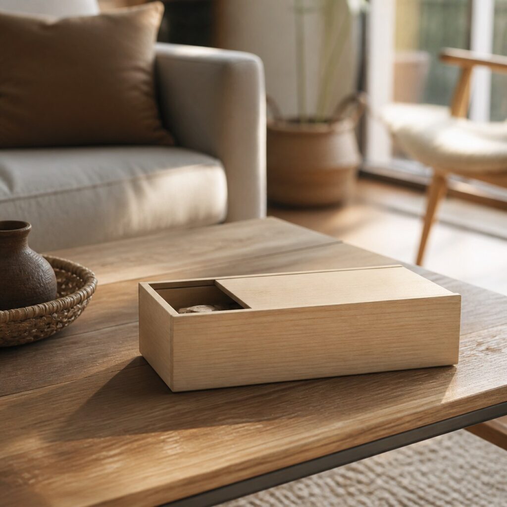 Boîte de rangement en bois posée sur une table basse en chêne