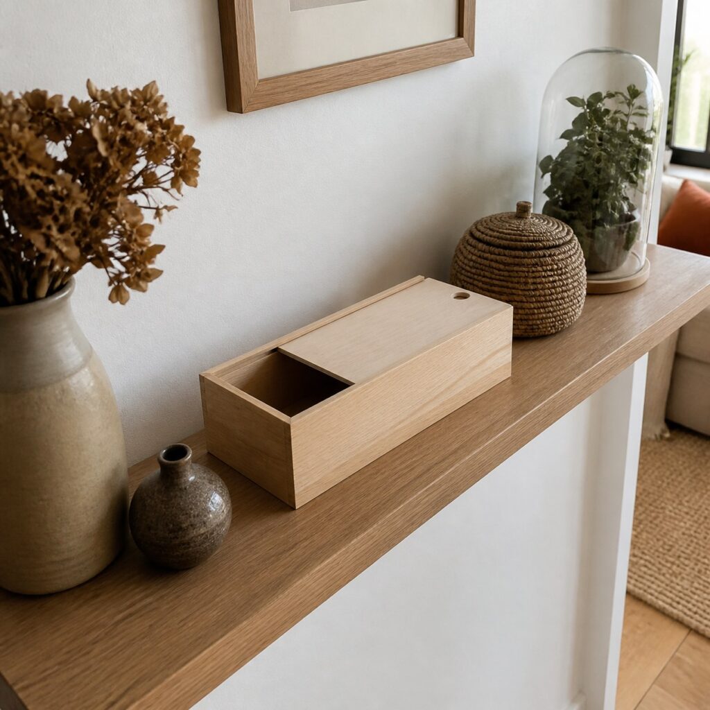 Boîte de rangement en bois placée sur une étagère murale