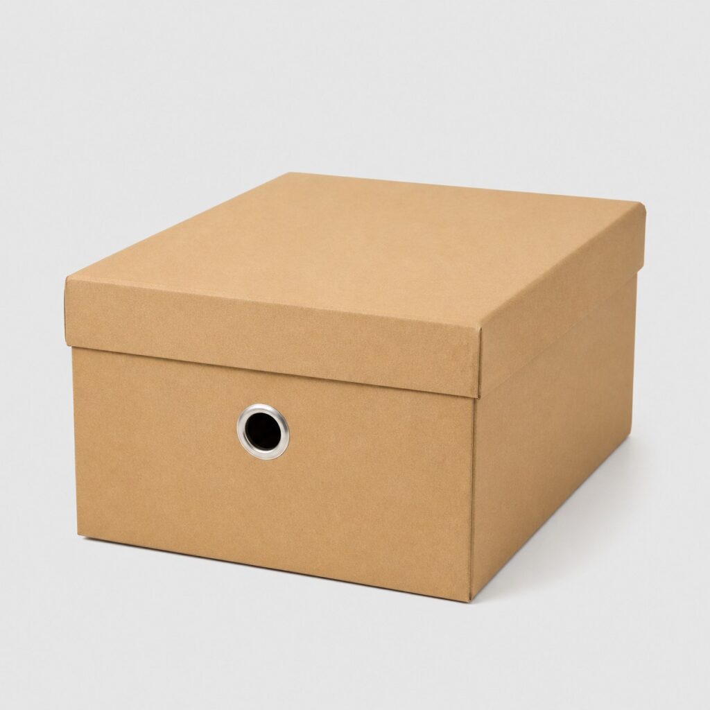 Boîte de rangement en carton kraft avec couvercle sur fond gris clair