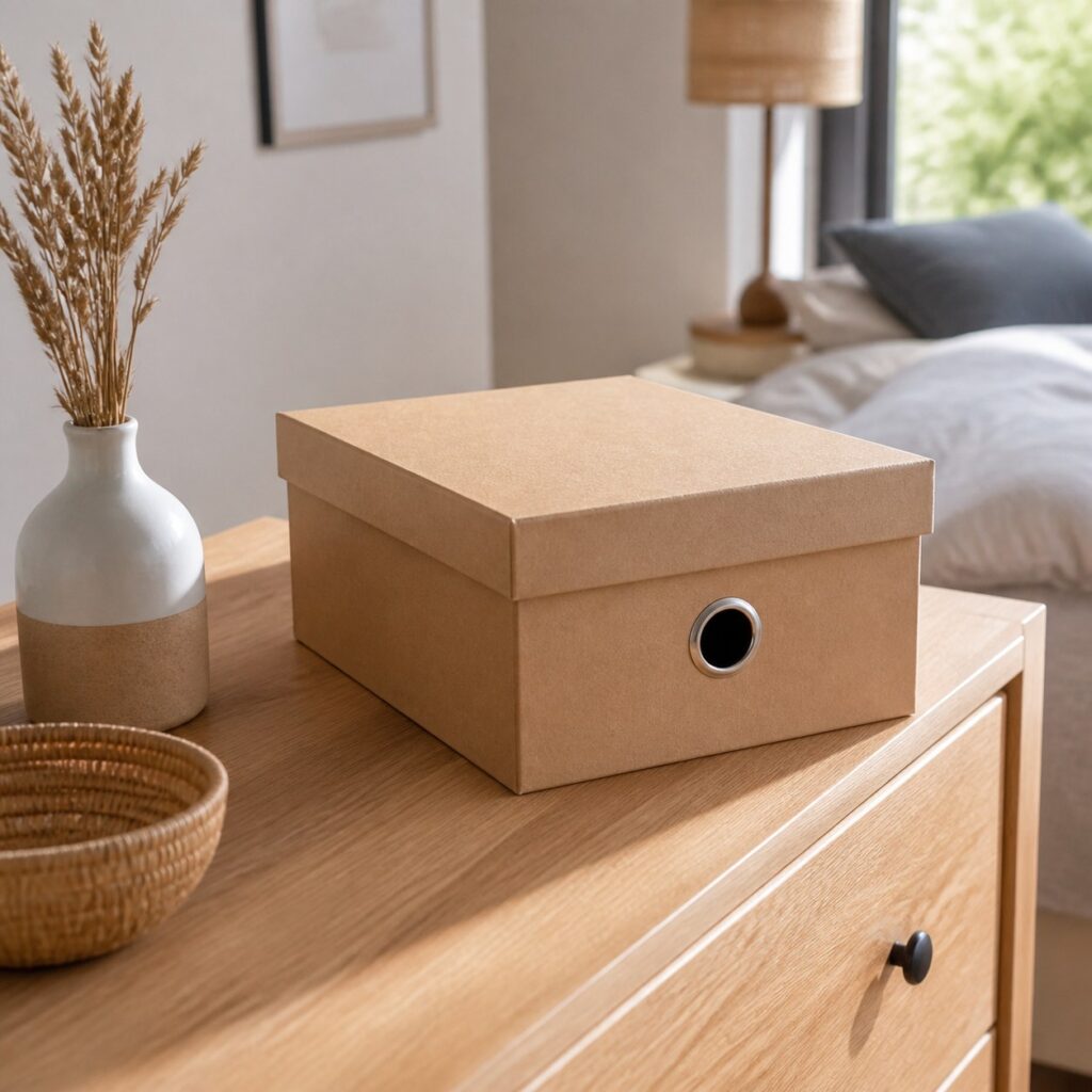 Boîte de rangement en carton posée sur une commode dans une chambre lumineuse