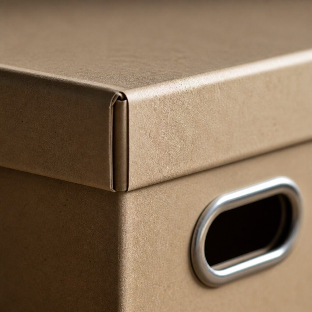 Gros plan sur l'angle renforcé et l'œillet métallique d'une boîte en carton