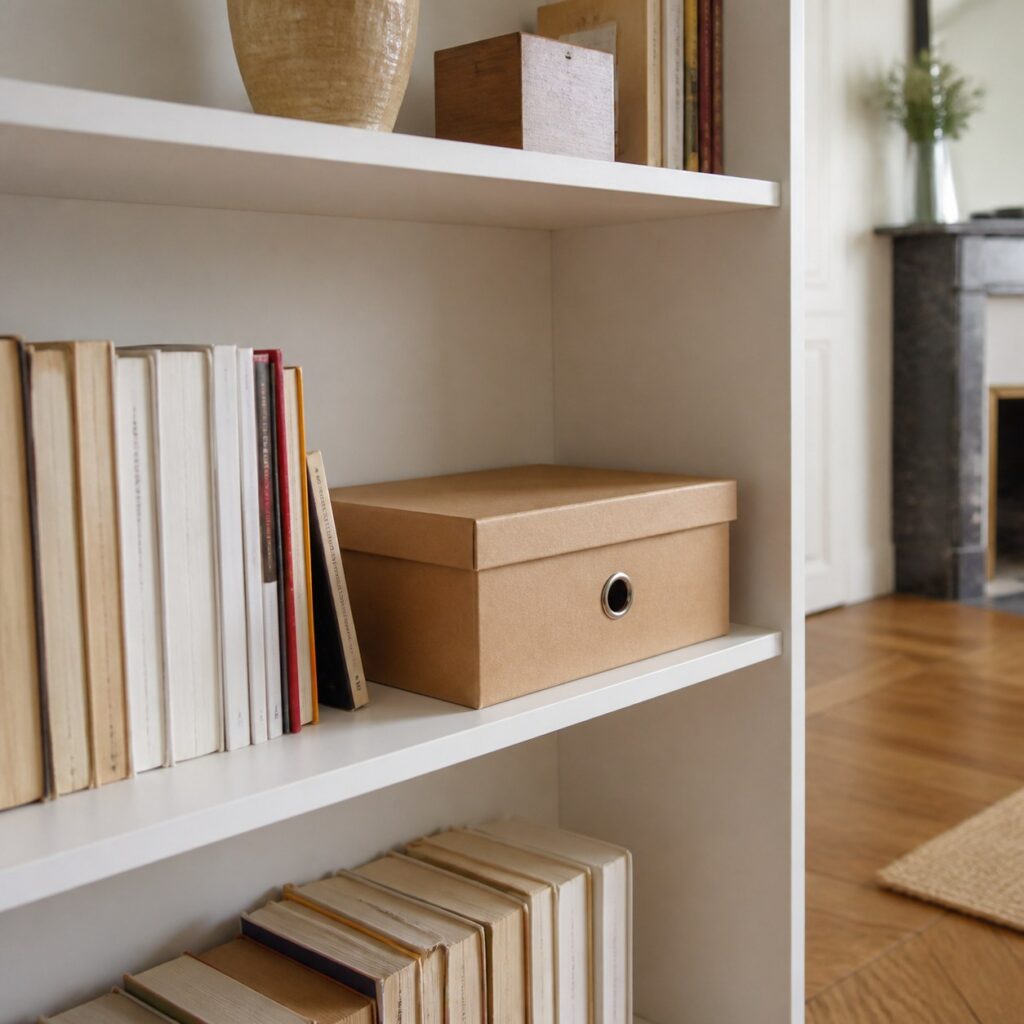 Boîte de rangement en carton rangée sur une étagère à côté de livres