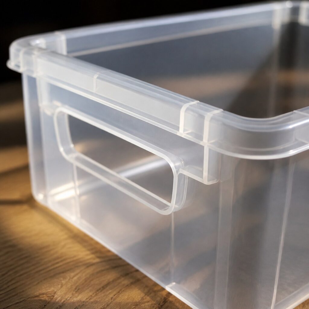 Gros plan sur la poignée latérale moulée d'une boîte en plastique
