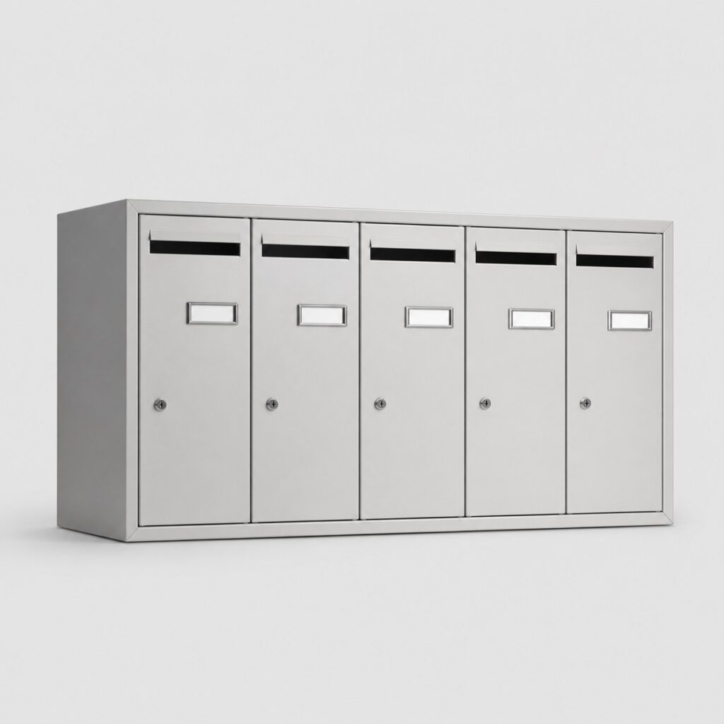 Bloc de boîtes aux lettres collectives gris clair à six portes, vu de trois quarts