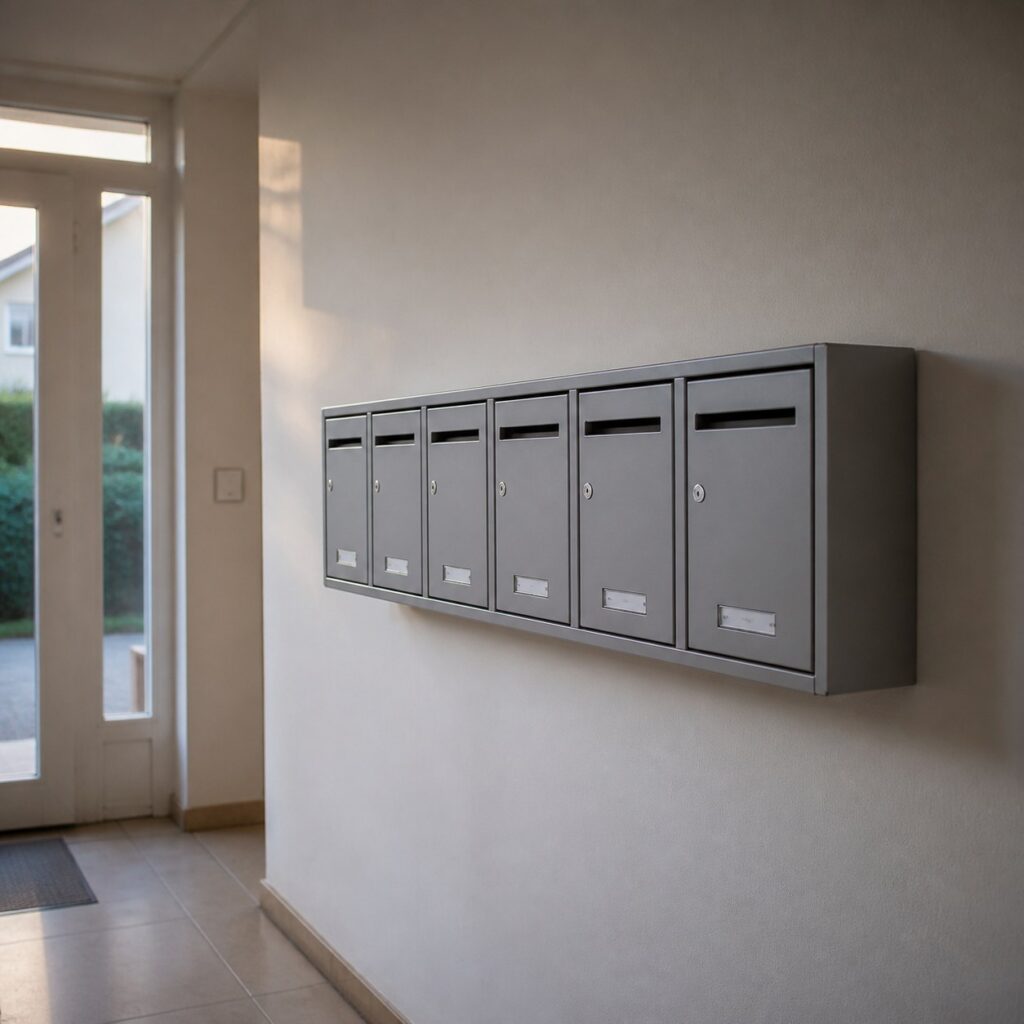 Bloc de boîtes aux lettres collectives installé dans le hall d'un petit immeuble