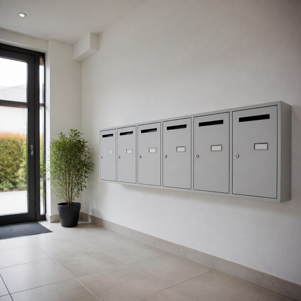 Bloc de boîtes aux lettres collectives vu de biais dans un hall carrelé