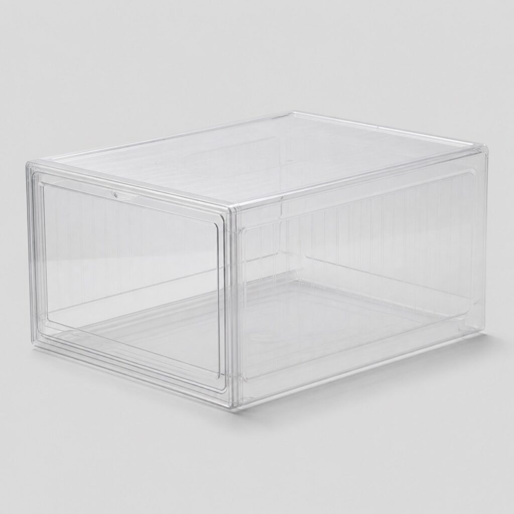 Boîte de rangement à chaussures transparente sur fond gris clair