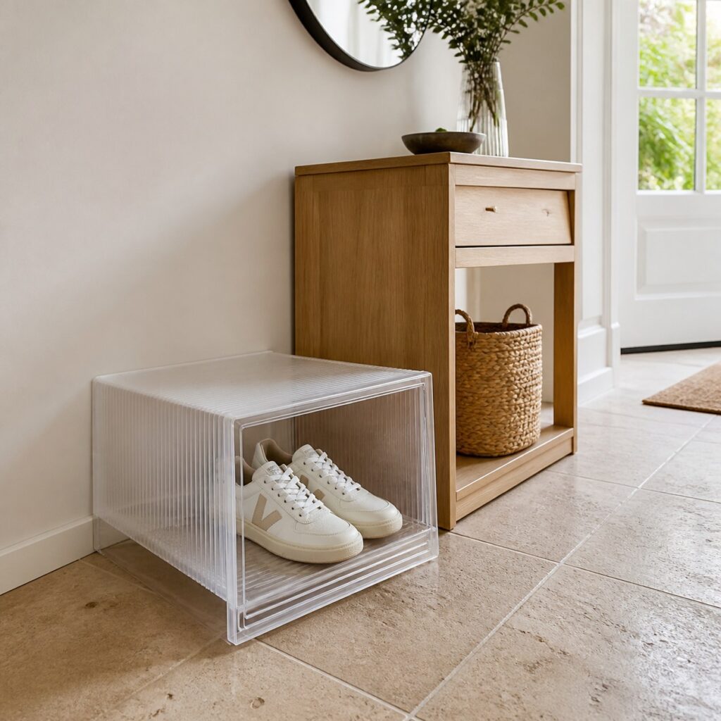 Boîte à chaussures transparente posée au sol près d'un meuble d'entrée