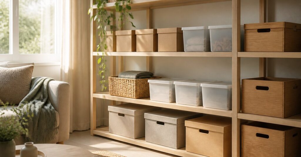 Boîtes de rangement en carton, en plastique et en bois alignées sur une étagère claire dans un salon éclairé par la lumière du jour