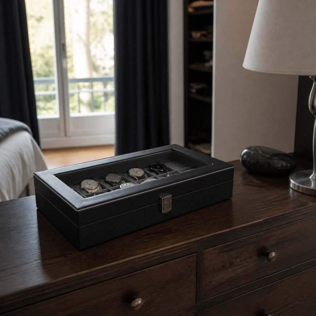Boîte à montres posée sur une commode en bois foncé