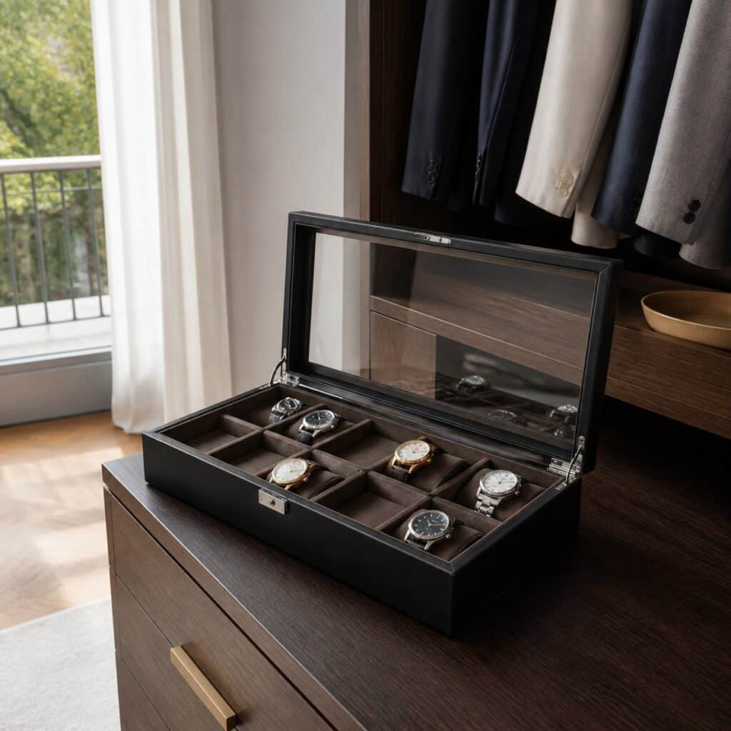 Boîte à montres ouverte dans un dressing montrant ses compartiments