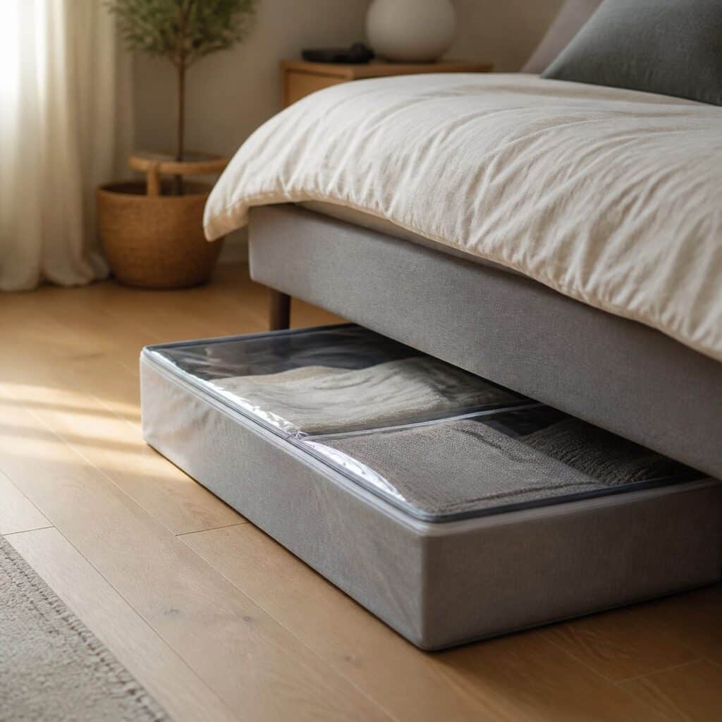 Housse de rangement glissée sous un sommier dans une chambre au parquet clair