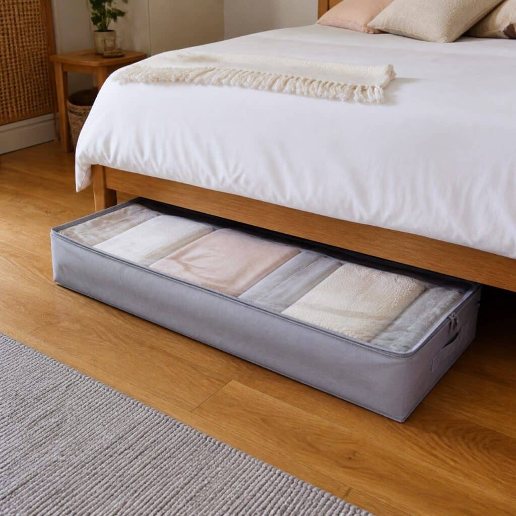 Housse de rangement sous-lit à demi sortie, remplie de linge plié