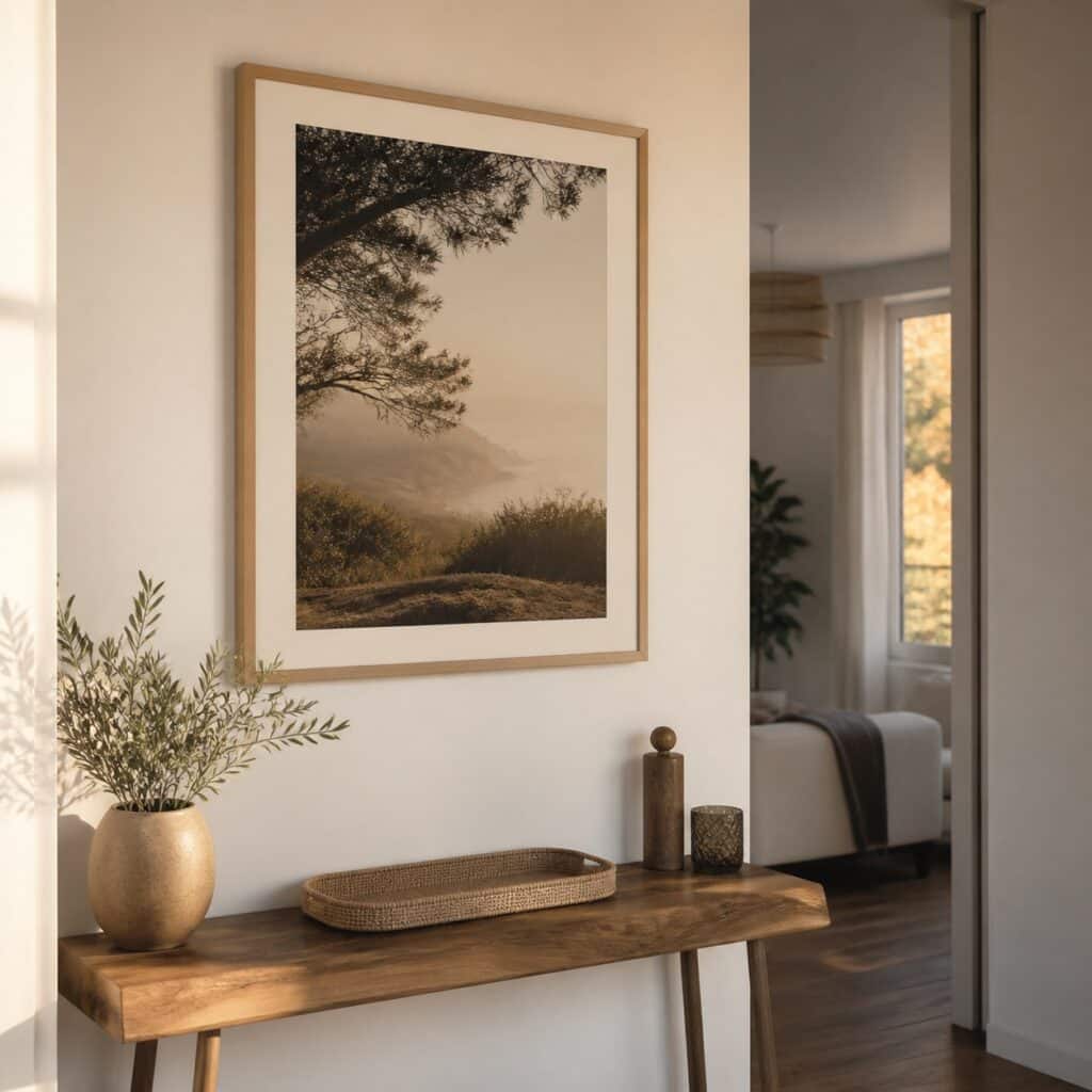 Cadre en bois 40x60 accroché au-dessus d'une console d'entrée
