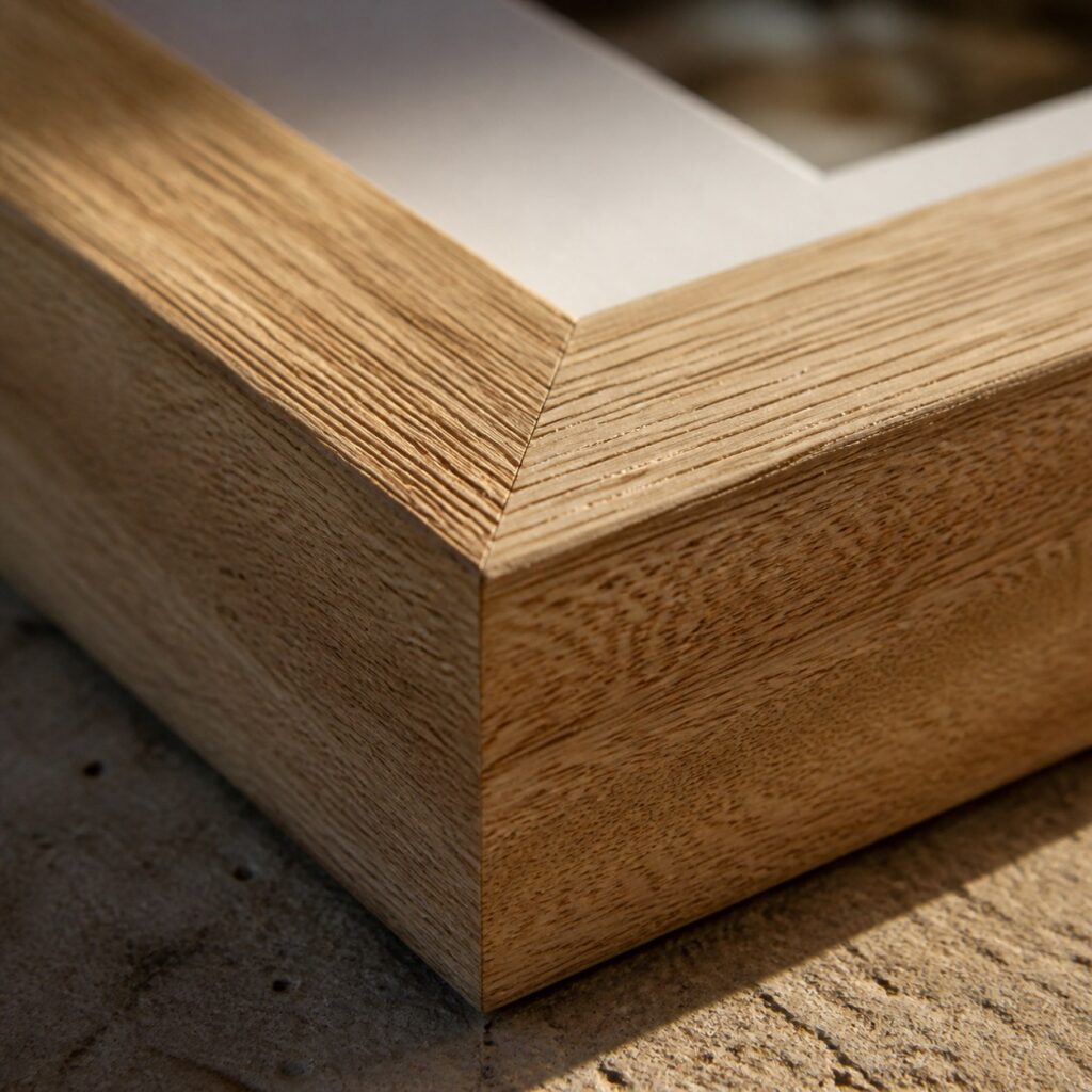 Gros plan sur l'assemblage d'angle d'une baguette large en bois