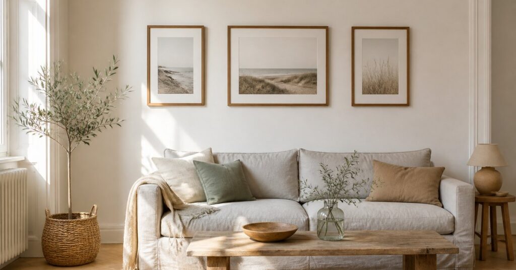 Mur de cadres en bois de trois formats différents composé au-dessus d'un canapé dans un salon lumineux