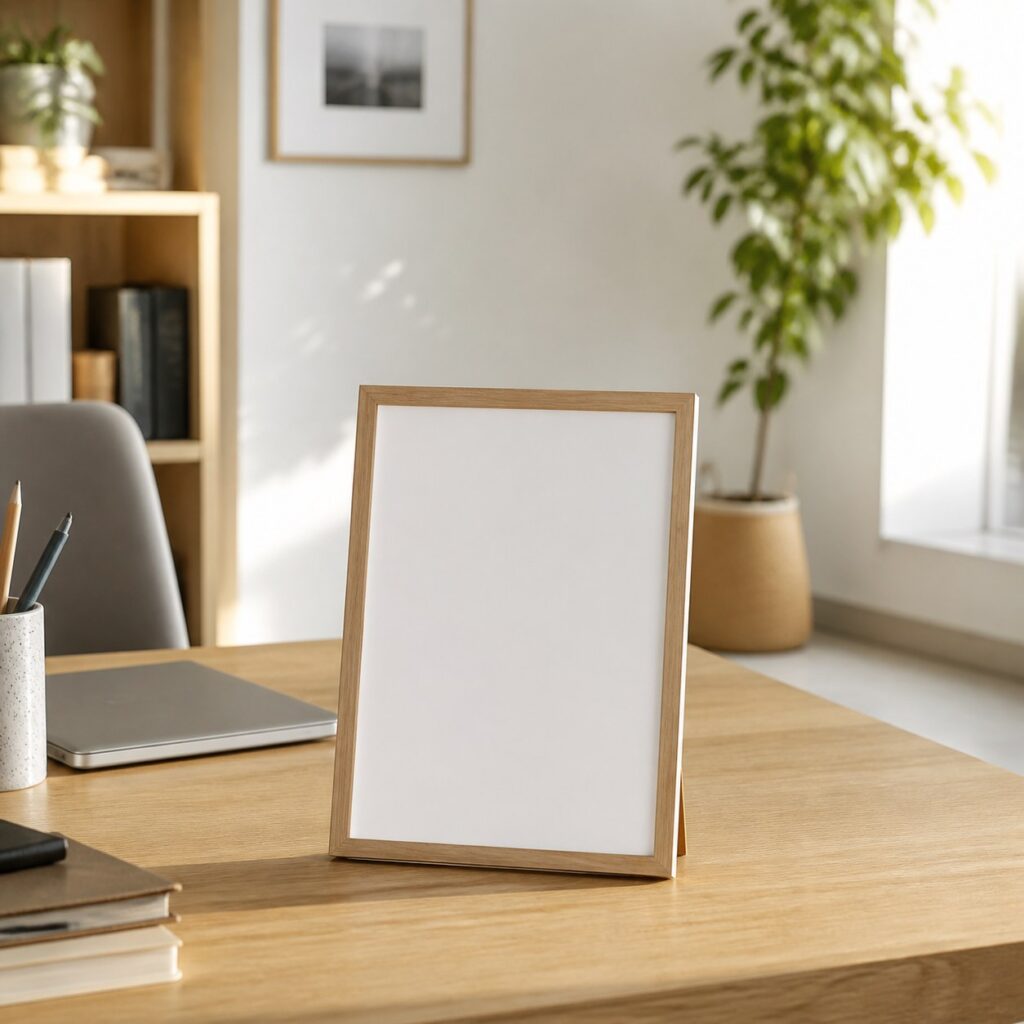Cadre en bois A4 posé sur un bureau clair contre un mur blanc