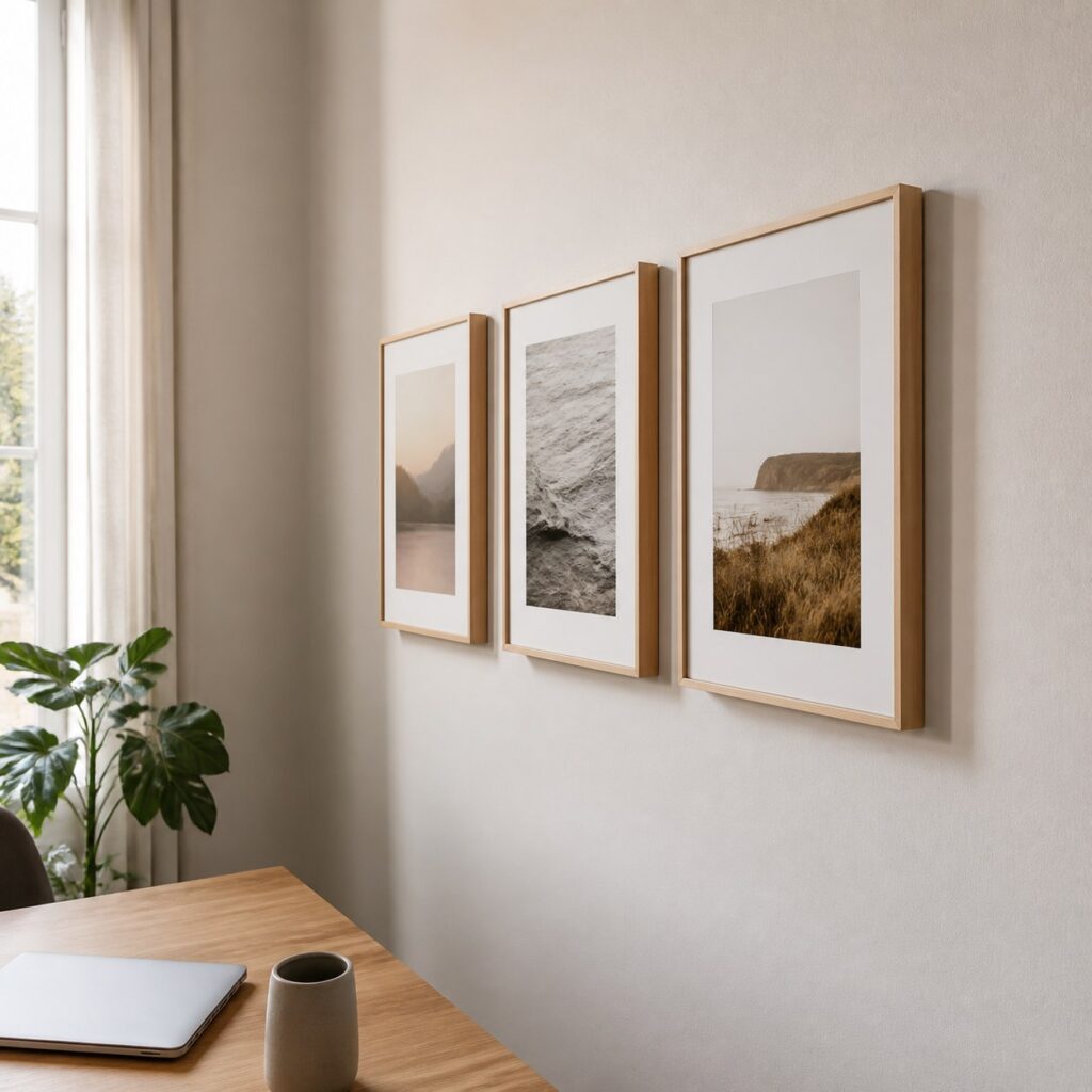 Trois cadres en bois A4 alignés sur le mur d'un bureau