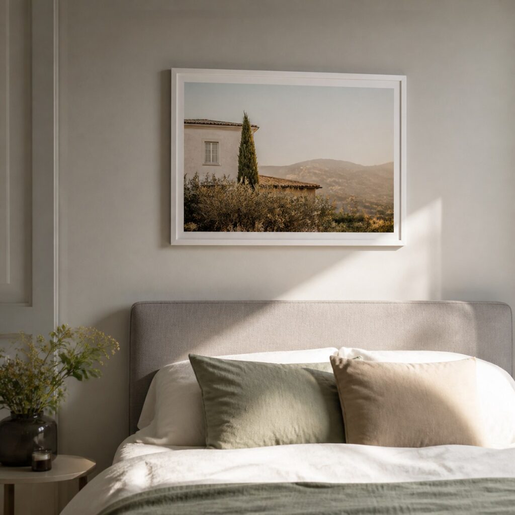 Cadre horizontal blanc accroché au-dessus d'une tête de lit en tissu