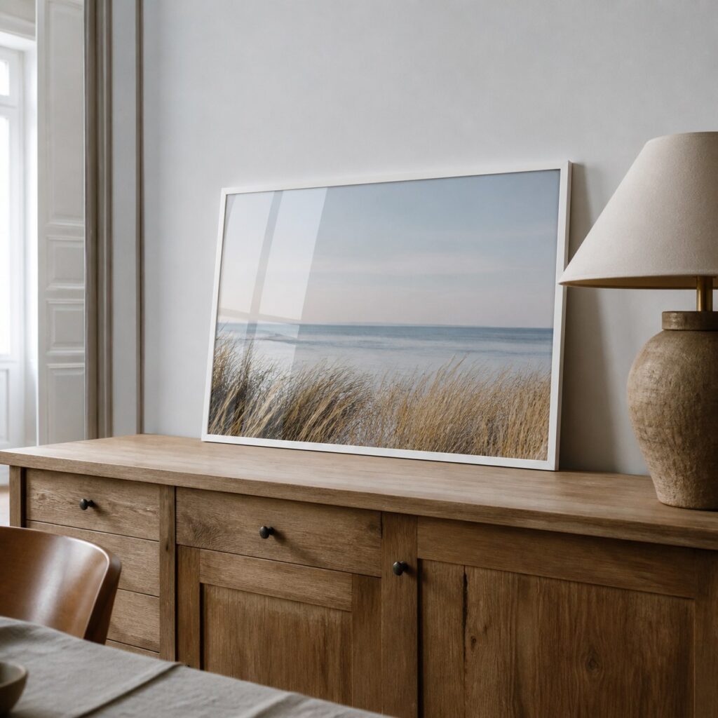 Cadre horizontal blanc posé sur un buffet en bois près d'une lampe