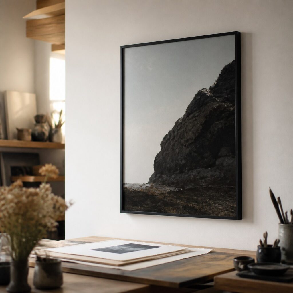 Cadre noir accroché au-dessus d'une table à dessin dans un atelier