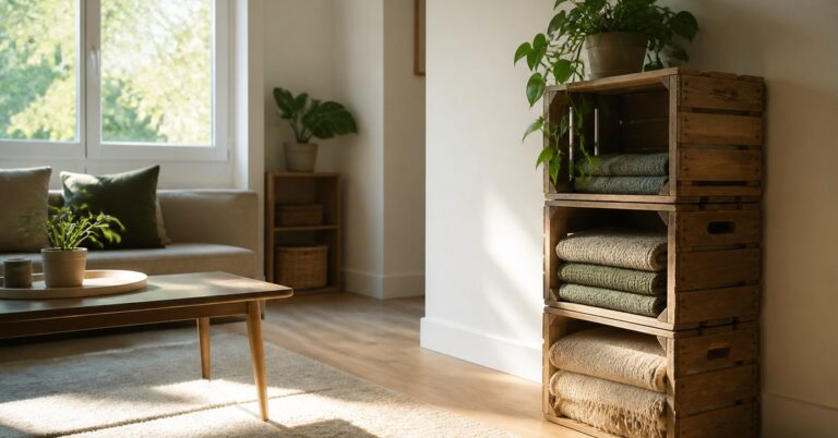 Caisses en bois empilées contre un mur clair dans un salon lumineux, garnies de plaids et de plantes