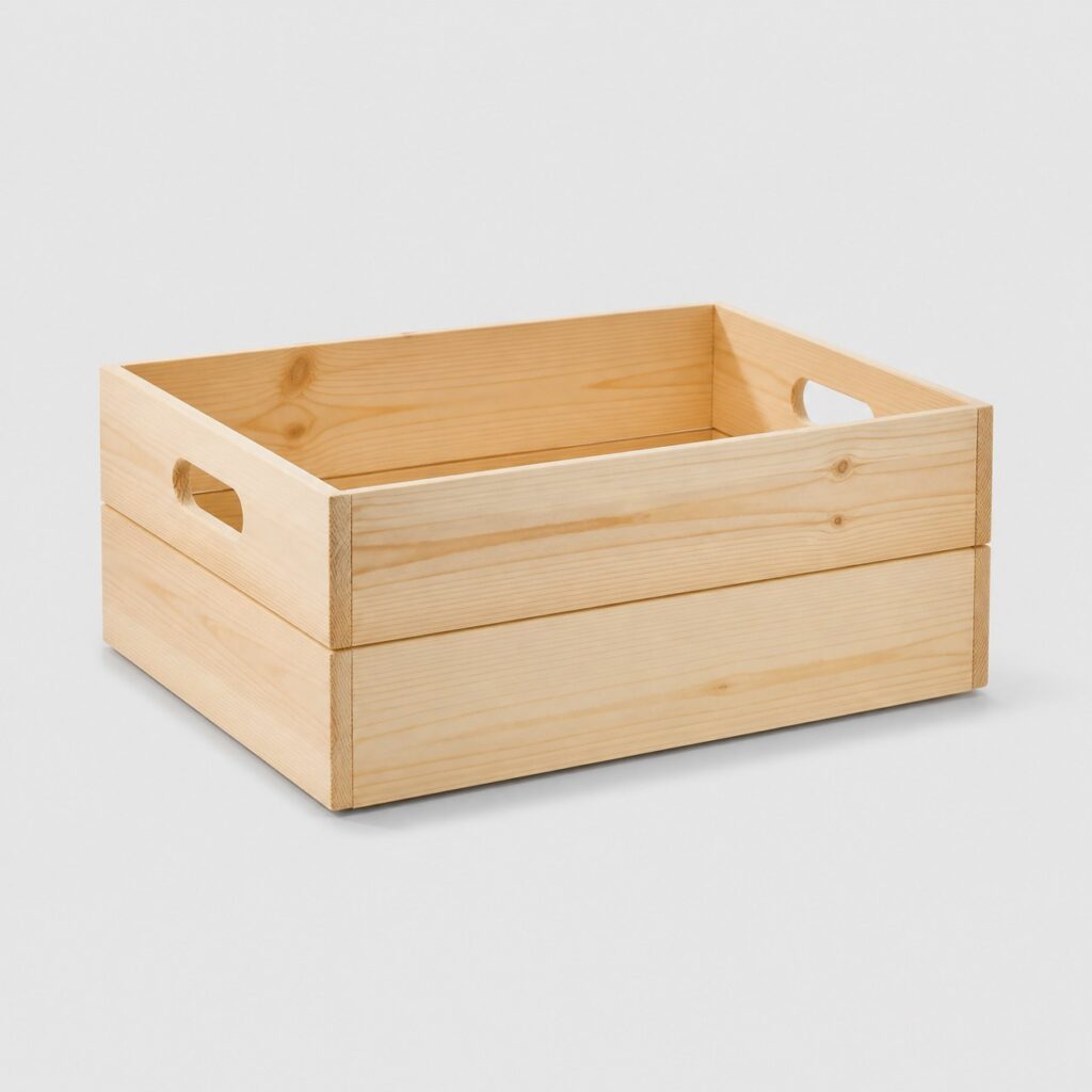 Caisse de rangement rectangulaire en bois de pin clair sur fond gris très clair