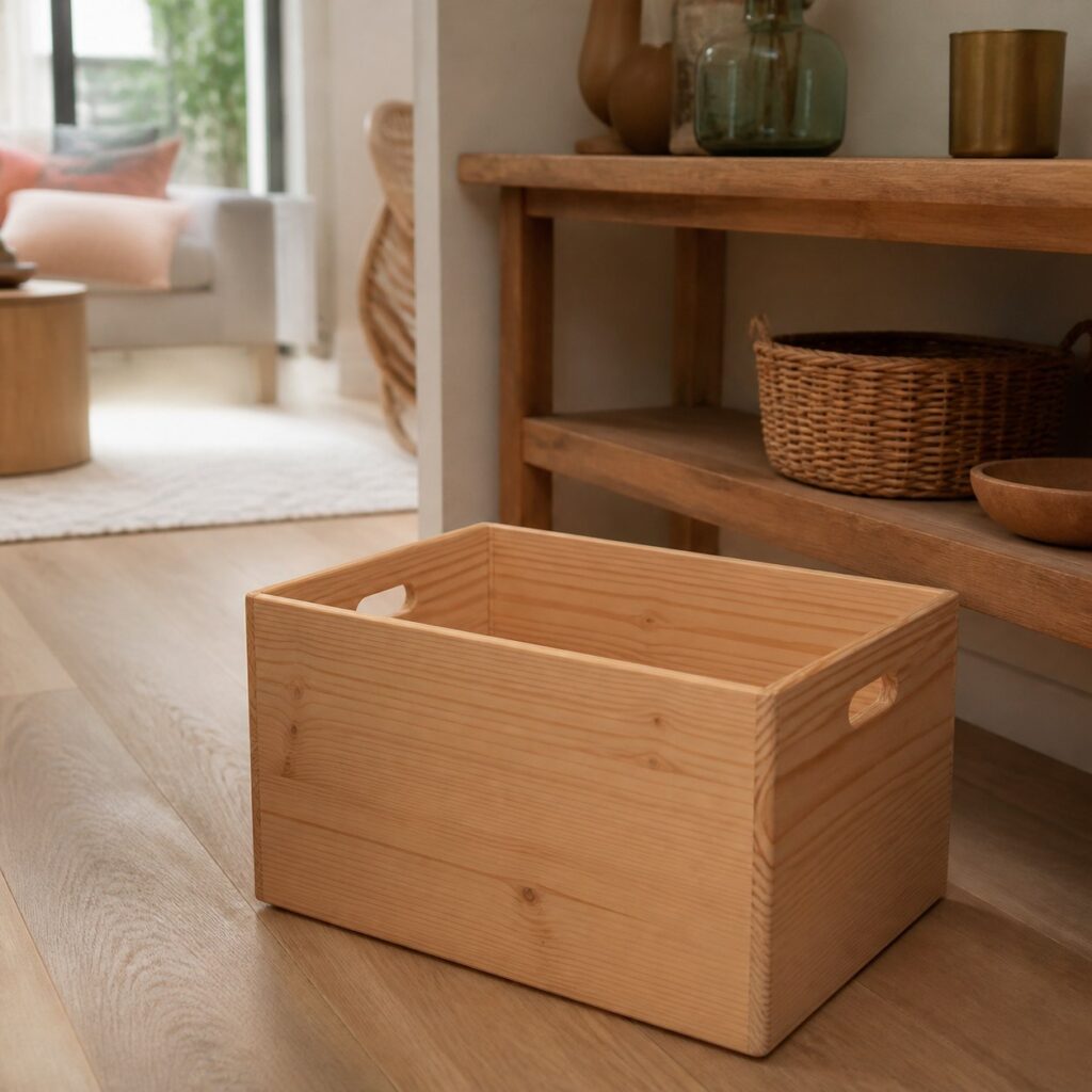 Caisse en bois clair posée au pied d'une console dans un salon lumineux