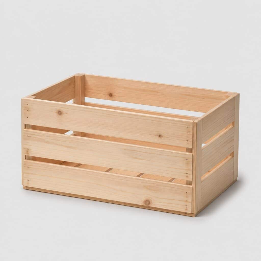 Caisse décorative rectangulaire en bois clair à lames apparentes sur fond neutre