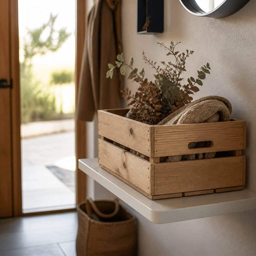 Caisse en bois décorative posée sur une étagère murale d'entrée