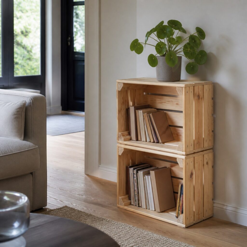 Deux caisses en bois empilées garnies de livres et d'une plante dans un salon